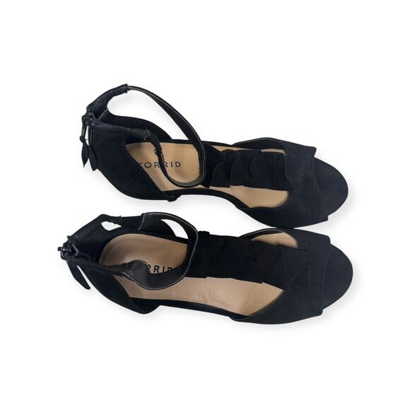 Torrid Black Ruffle Peep Toe Suede Dress Sandals 3” Heel Women’s Size 10 - Picture 2 of 6